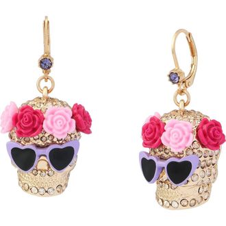 Betsey Johnson Flower Crown Skull Drop Earrings in Pink at Nordstrom