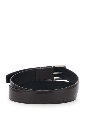 Saint Laurent Mens Belt Cassandre Plate Brown Leather Calf