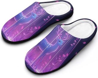Generic Dreamy Deer Glowing Leaves Mens Slippers Slip On Comfortable Fleece Cotton House Shoes Winter