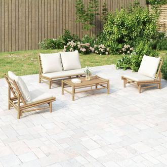 vidaXL Set De Muebles De Jard&iacute;n 4 Piezas Bamb&uacute; Y Cojines Blanco Crema Vidaxl