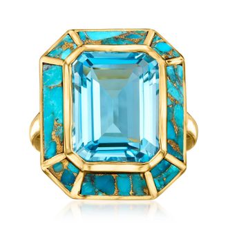 Ross-Simons Swiss Blue Topaz and Turquoise Ring in 18kt Gold Over Sterling