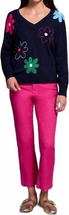 Tribal Daisy Flower Front Cotton V-Neck Sweater In Nightfall