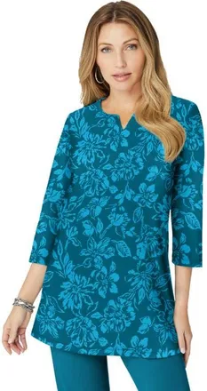 Roaman's Plus Size Three Quarter Sleeve Notch Neck Soft Knit Tunic in Teal Turquoise Floral at Nordstrom, Size 44