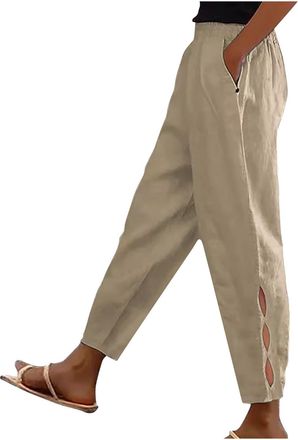 Generic Womens Cotton Linen Pants UK Summer Casual Solid Color Trousers Dressy Trendy Drawstring High Waist Pants Lightweight Comfy Going Out Straight Leg Cap