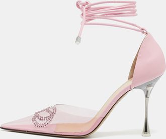 Mach & Mach Pink Leather And Pvc Crystal Embellished Bow Ankle Tie Pumps
