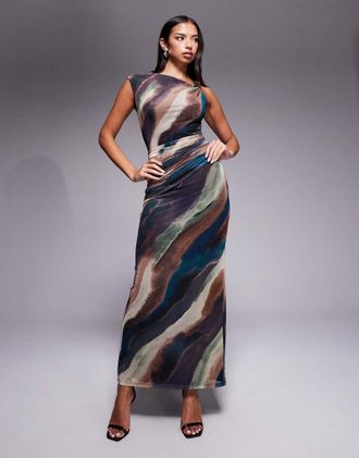 Forever New Vestito lungo in rete tonalit&agrave; neutra con stampa astratta e nodo sul davanti-Multicolore