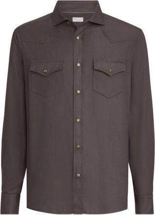Brunello Cucinelli Garment-dyed Western Shirt in Cotton Chevron - Heren - Casual Overhemden - Bruin - S - Katoen - Overhemden
