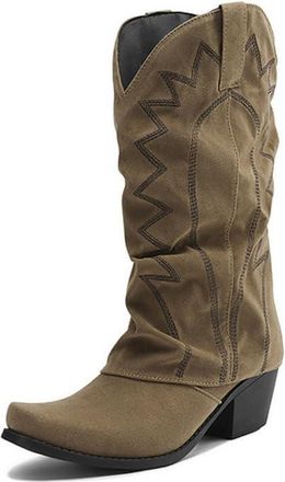 Generic Womens Square Toe Mid-Calf Cowboy Boots Comfortable Slip on Western Boots Block Heel Booties for Parties and Proms,Khaki,5.5 UK