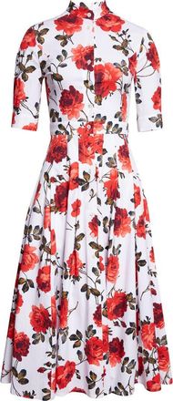 Carolina Herrera Rose Print Stretch Cotton Poplin Shirtdress in White Multi at Nordstrom, Size 10