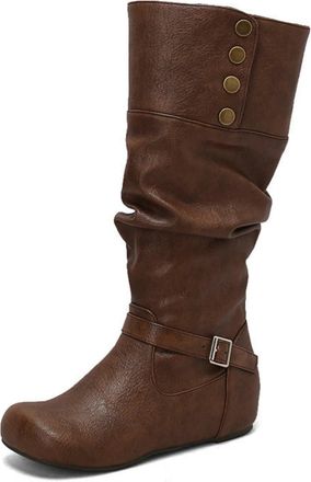 Generic Womens Round Toe PU Leather Knee High Boot Wedge Heel Long Boots with Buckle Pull on Retro Tall Boots,Brown1,10.5 UK