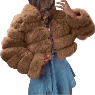 Generic Faux Fur Coat for Women UK Plus Size Solid Fullzip Up Teddy Bear Short Faux Crop Hooded Pullover Warm Furry Splicing Jackets Long Sleeve Fluffy Sherpa