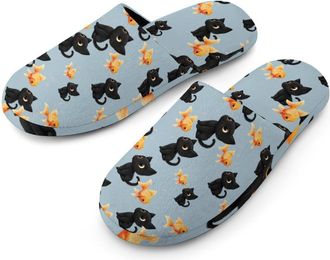 Generic Cat And Fish Mens Flannel Slipper Soft Comfy House Shoes Non Slip Winter Warm Indoor Outdoor Slippers