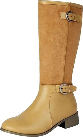 Generic Womens Retro Knee High Riding Boots Round Toe Med Square Heel Slip On With Belt Buckle Detail Equestrian Style
