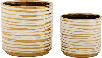 Dmora Vase Banivaka, Ensemble De 2, Blanc, Structure Dor&eacute;e, Grand Diam&egrave;tre: 21 Cm, Petit: 16 Cm