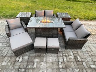 Fimous 8 Seater Rattan Outdoor Garden Furniture Gas Fire Pit Table Sets Gas Heater with Love Sofa Armchair 3 Footstools 2 Side Tables
