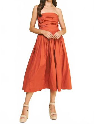 Pinch Design Shirring Strapless Midi Dress In Orange