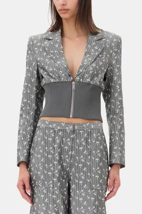 Ganni Grey Jacquard Cropped Blazer