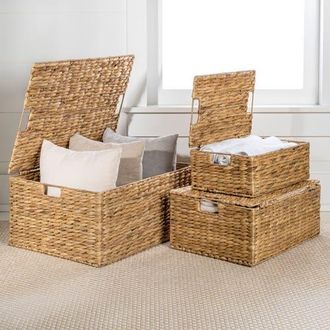 Happimess Brooks Classic Farmhouse Woven Hyacinth Rectangular Storage Baskets with Lids and Handles, in Natural at Nordstrom