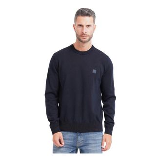 HUGO BOSS Truien & Vesten, Heren, Blauw, L, Katoen, Pullover van katoen-cashmere met logopatch