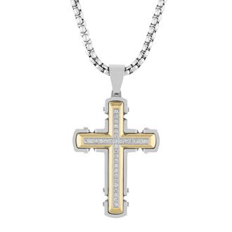 Robert Alton 1/4CTW Diamond Stainless Steel with White & Yellow Finish Cross Pendant