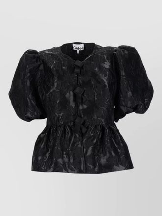 Ganni top peplum bow detail puff sleeves