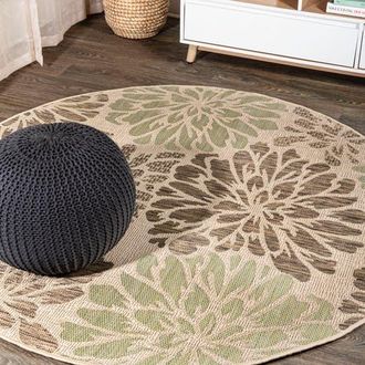 Jonathan Y Designs Zinnia Modern Floral Textured Weave Indoor/Outdoor Round Area Rug in Sage/brown at Nordstrom, Size 5Ft 0In X 5Ft 0In