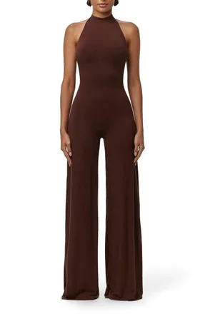 Naked Wardrobe Smooth Halter Wide Leg Jumpsuit in Chocolate at Nordstrom, Size X-Small