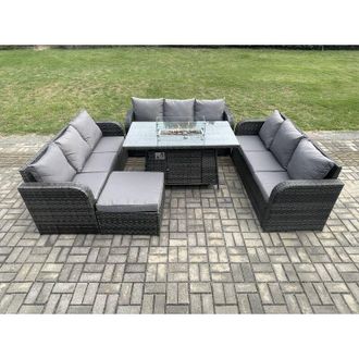 Fimous Rattan Furniture Garden Dining Set Gas Fire Pit Table With 3 Seater Sofa Footstool Dark Grey Mixed - Fimous