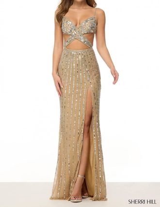 Sherri Hill Sequin Beaded Fitted Gown In Nude/silver