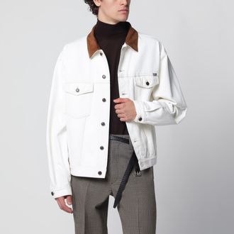 Prada Giubbotto in denim old bianco con dettagli in pelle