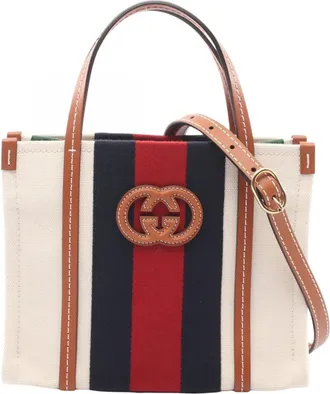 Gucci Brown Multi-Color White Canvas Leather Handbag Tote Bag (Pre-Owned)