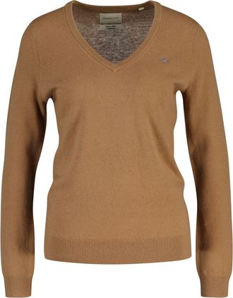 GANT V-Ausschnitt-Pullover GANT EXTRAFINE LAMBSWOOL V-NECK, Damen, Gr. XXL, warm khaki, Strick, Obermaterial: 90% Wolle, 10% Polyamid, V-Ausschnitt, Rippb&uuml;