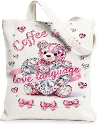 Generic Cute Bear Canvas Tote Bags, Heart Pattern Reusable Grocery Bags, Spring Chic Lightweight Washable Shoulder Strap Canvas for, White, 13x15 Inch