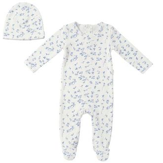 Fragile Boy Leaves Print Romper Set with Hat in Powder/navy at Nordstrom, Size 6M