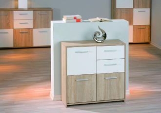 Dmora Buffet Avec Trois Portes Et Deux Tiroirs, Blanc Et Ch&ecirc;ne, Mesures 77 X 77 X 30 Cm - Dmora