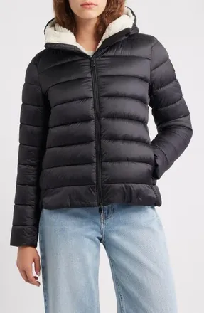 Save The Duck Gretel Faux Shearling Lining Hooded Puffer Jacket in Black at Nordstrom, Size 00