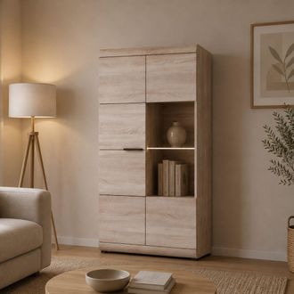 Dmora Vitrina Dmora, Mueble Expositor 6 Estantes, 2 Puertas, Con Led Esquinas Redondeadas, 80x37x158h Cm Roble Marr&oacute;n