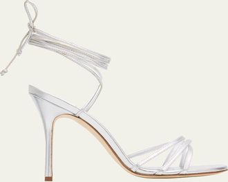 Manolo Blahnik 105mm Leva Metallic Leather Ankle-Tie Sandals