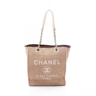 Chanel Beige Brown Canvas Leather Handbag Tote Bag (Pre-Owned)