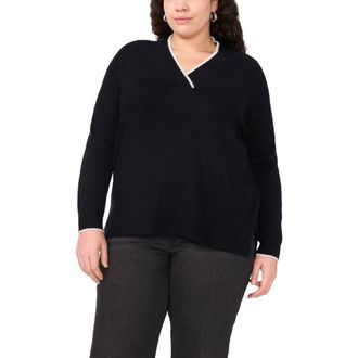 Vince Camuto Tipped Cross V-Neck Cozy Sweater in Rich Black at Nordstrom, Size 1X