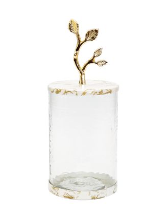 Classic Touch Medium Glass Canister with White/Gold Marble Lid and Leaf Handle