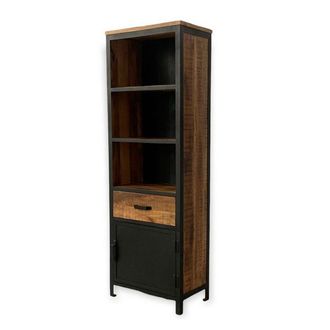Jaipur Furniture Induse 1 Drawer Large Bookcase - Mango Wood/Iron - L37 x W65 x H190 cm - PP Sawn Finish in Brown
