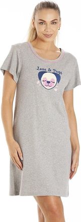 Camille 100% Cotton Short Sleeved Pug Dog or Cat Ladies Nightdress - Knee Length Nighties for Women for your Summer Womens Nightwear Grey 12-14