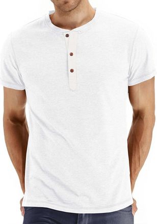 SHEKINI Mens Casual Short Sleeve T-Shirt Henley Shirts Summer Activewear T-Shirts Longline Beach Tees Shirt(White,XL)