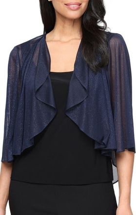 Alex Evenings Three-Quarter Sleeve Glitter Mesh Cover-Up Jacket in Dark Navy at Nordstrom, Size X-Large