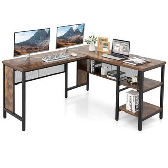 Costway Costway L-Shaped Corner Computer Desk 150cm Large Corner Desk Workstation 2-Tier Shelves in Brown