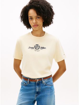 Tommy Hilfiger Womens Embroidered Club Crest Logo T-Shirt - Beige - XXS