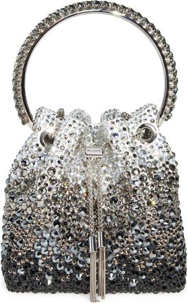 Jimmy Choo London Bon Bon Crystal Embellished Top Handle Pouch in Black/Smoke at Nordstrom