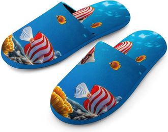 Generic Striped Butterflyfish Mens Flannel Slipper Soft Comfy House Shoes Non Slip Winter Warm Indoor Outdoor Slippers
