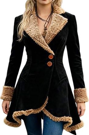 Generic Womens Autumn and Winter Thickened Retro Elegant Slim Faux Suede Plush Coat Fashion Trend Business Casual Party Fleece Lapel Button Coat (Black,M)